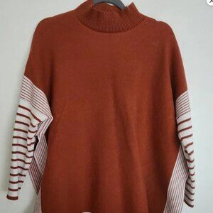 $ Cozy Striped Tunic Sweater – Rust Red & Cream – One Size
